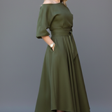 Damen Midi-Kleid mit schulterfreiem Ausschnitt und Laternenärmeln
