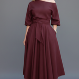 Damen Midi-Kleid mit schulterfreiem Ausschnitt und Laternenärmeln