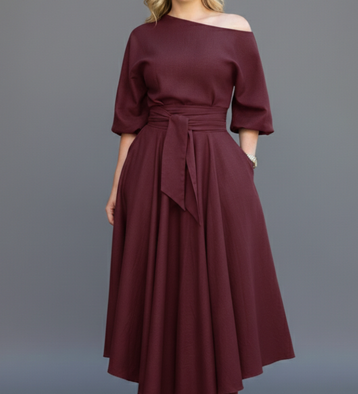 Damen Midi-Kleid mit schulterfreiem Ausschnitt und Laternenärmeln