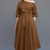 Damen Midi-Kleid mit schulterfreiem Ausschnitt und Laternenärmeln