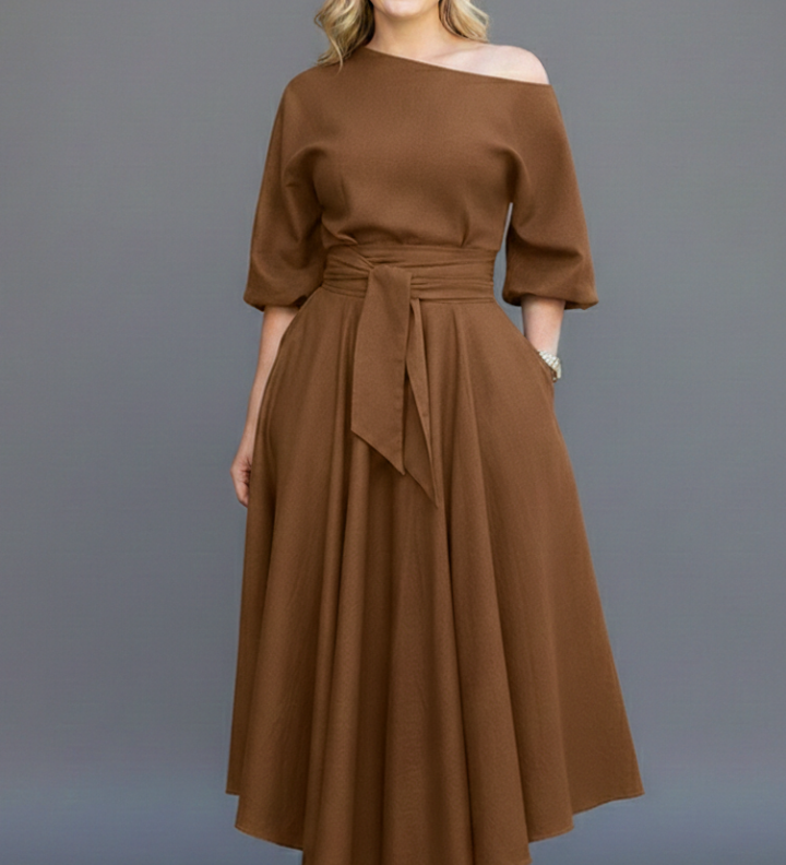 Damen Midi-Kleid mit schulterfreiem Ausschnitt und Laternenärmeln