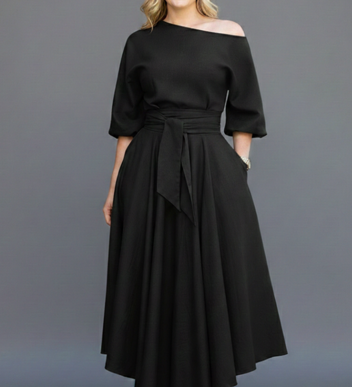 Damen Midi-Kleid mit schulterfreiem Ausschnitt und Laternenärmeln