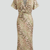 Damen Midi Kleid mit Plisseerock und Blumenmuster
