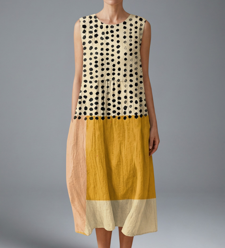 Damen Midi Kleid mit Polka-Muster und Colourblock-Design