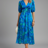 Damen Midi Kleid mit Puffärmeln und Blumenmuster