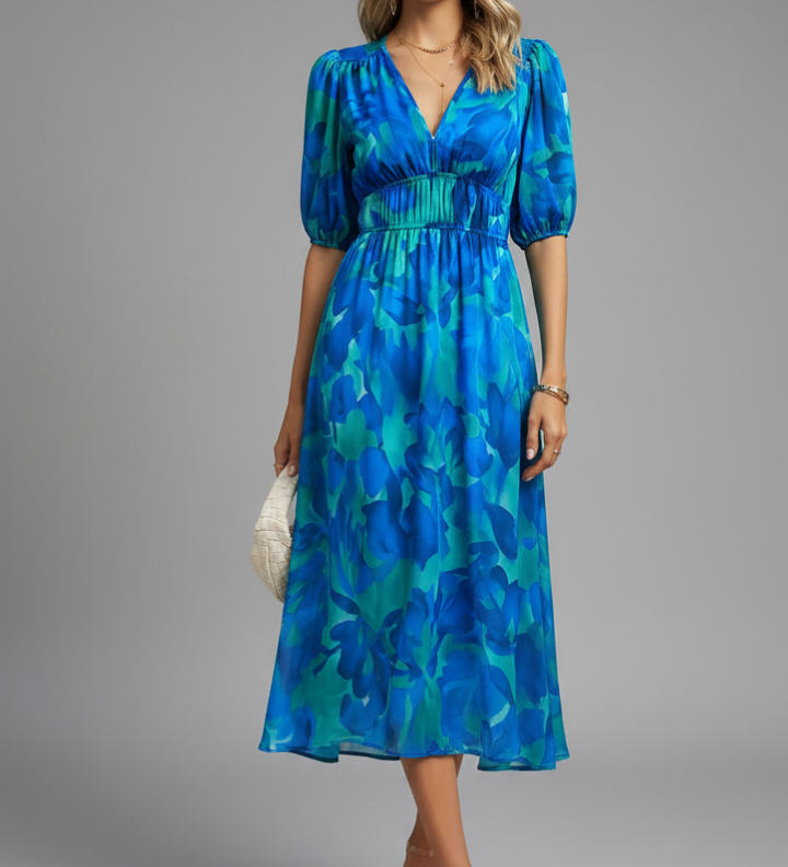 Damen Midi Kleid mit Puffärmeln und Blumenmuster