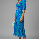 Damen Midi Kleid mit Puffärmeln und Blumenmuster