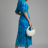 Damen Midi Kleid mit Puffärmeln und Blumenmuster