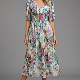 Damen Midi Kleid mit Puffärmeln und Blumenmuster