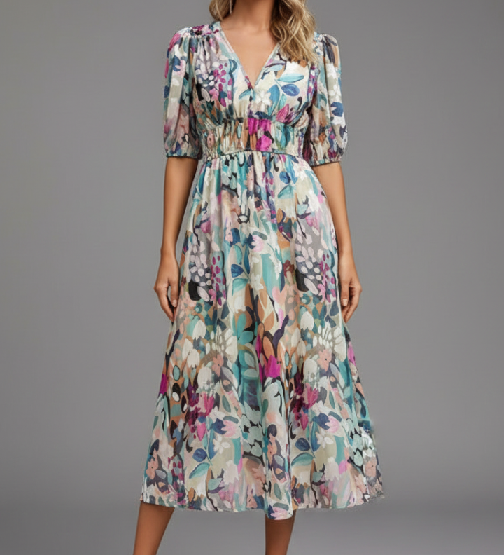 Damen Midi Kleid mit Puffärmeln und Blumenmuster