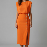 Damen Midi-Kleid mit Rundhalsausschnitt und Knopf-Schlitz