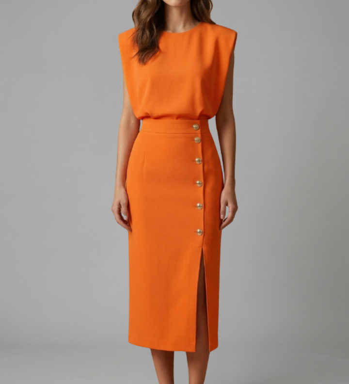 Damen Midi-Kleid mit Rundhalsausschnitt und Knopf-Schlitz