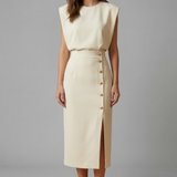 Damen Midi-Kleid mit Rundhalsausschnitt und Knopf-Schlitz