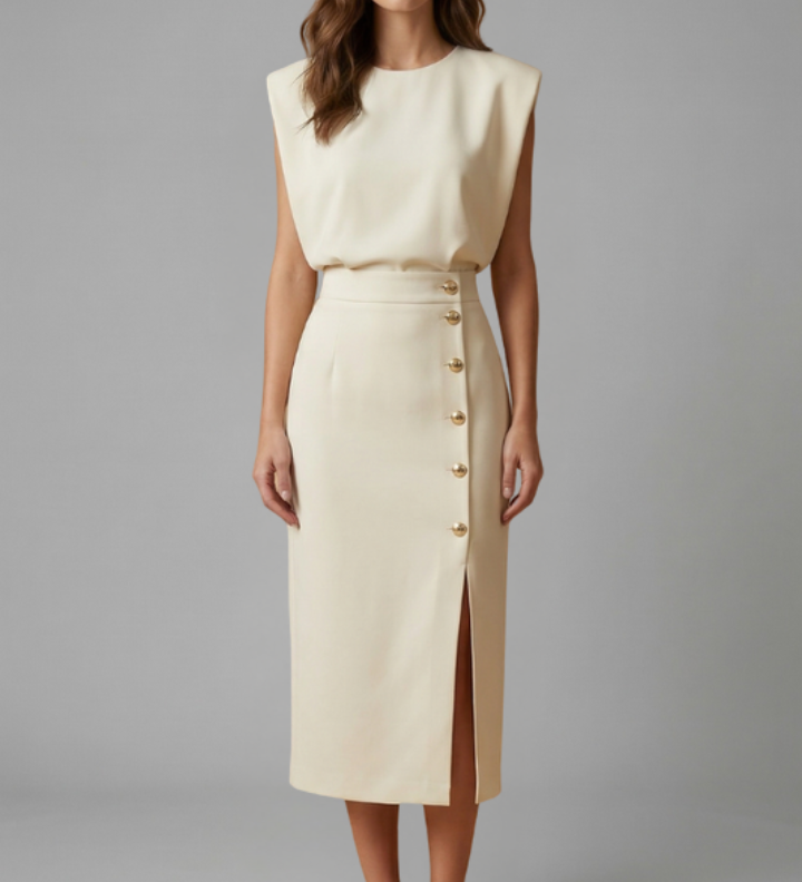 Damen Midi-Kleid mit Rundhalsausschnitt und Knopf-Schlitz