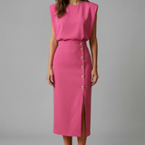 Damen Midi-Kleid mit Rundhalsausschnitt und Knopf-Schlitz