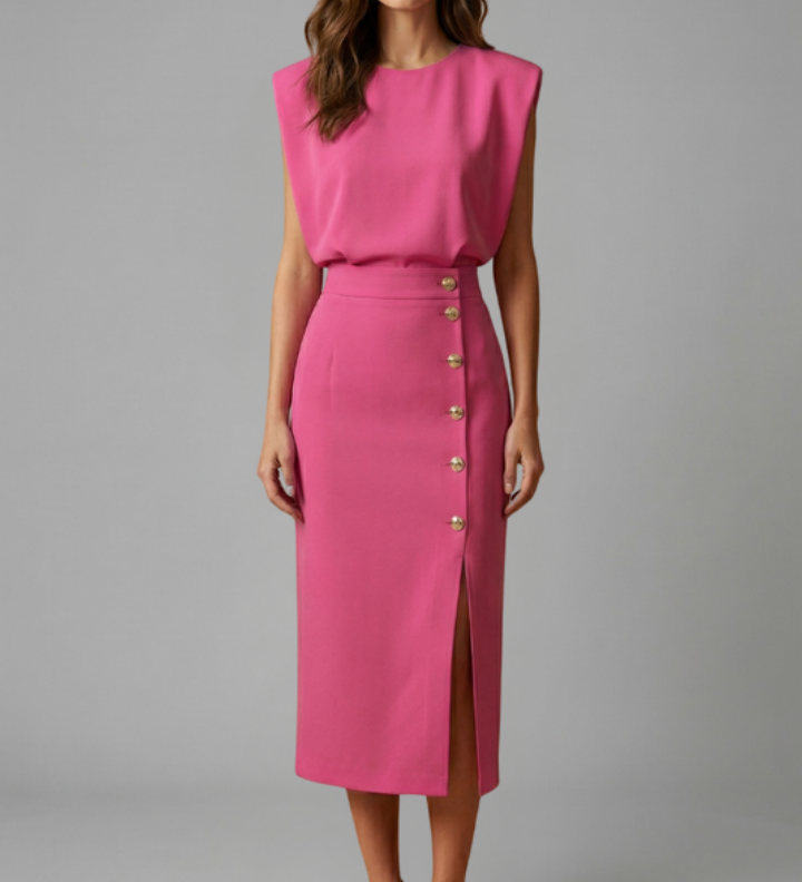 Damen Midi-Kleid mit Rundhalsausschnitt und Knopf-Schlitz