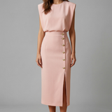 Damen Midi-Kleid mit Rundhalsausschnitt und Knopf-Schlitz