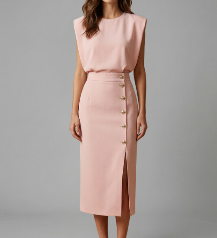 Damen Midi-Kleid mit Rundhalsausschnitt und Knopf-Schlitz