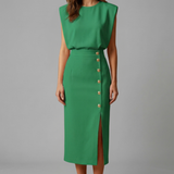 Damen Midi-Kleid mit Rundhalsausschnitt und Knopf-Schlitz