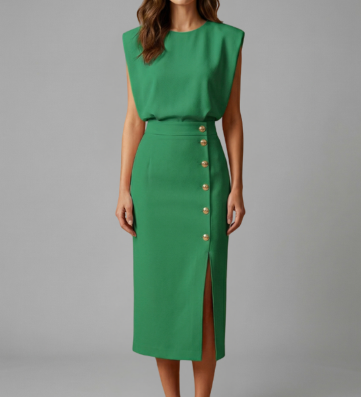 Damen Midi-Kleid mit Rundhalsausschnitt und Knopf-Schlitz