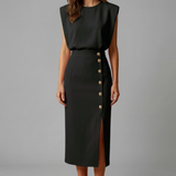 Damen Midi-Kleid mit Rundhalsausschnitt und Knopf-Schlitz
