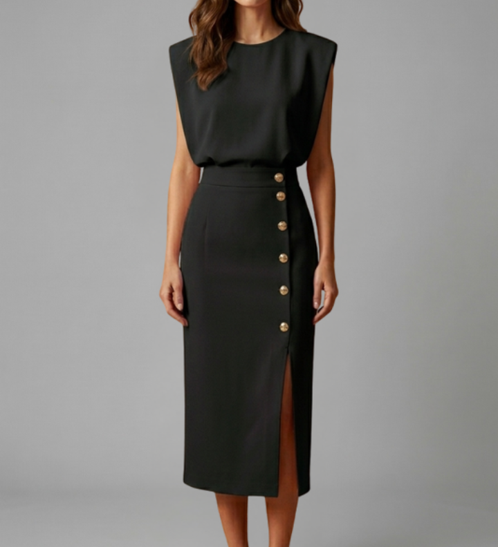 Damen Midi-Kleid mit Rundhalsausschnitt und Knopf-Schlitz
