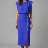 Damen Midi-Kleid mit Rundhalsausschnitt und Knopf-Schlitz