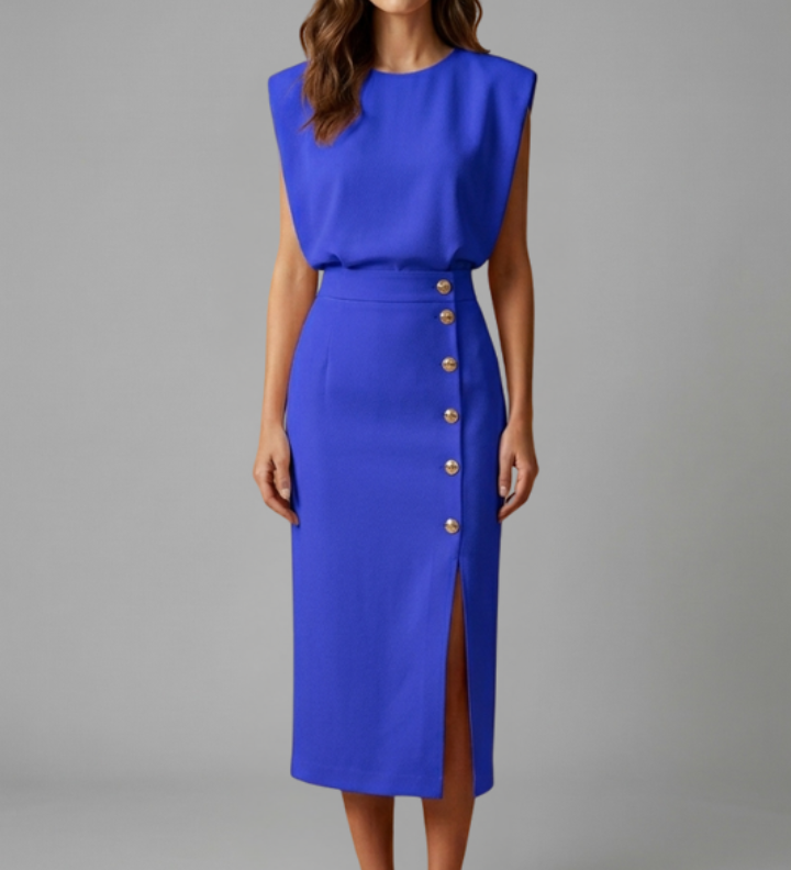 Damen Midi-Kleid mit Rundhalsausschnitt und Knopf-Schlitz