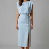 Damen Midi-Kleid mit Rundhalsausschnitt und Knopf-Schlitz