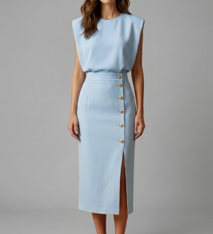 Damen Midi-Kleid mit Rundhalsausschnitt und Knopf-Schlitz