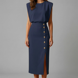 Damen Midi-Kleid mit Rundhalsausschnitt und Knopf-Schlitz