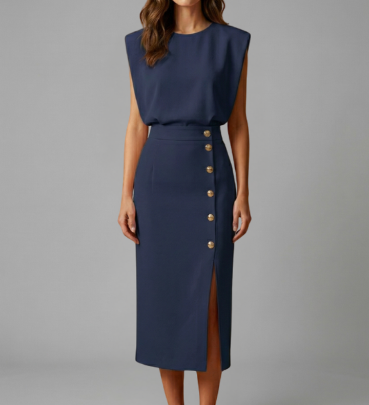 Damen Midi-Kleid mit Rundhalsausschnitt und Knopf-Schlitz