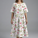 Damen Midi Kleid mit Rundhalsausschnitt und Blumenmuster