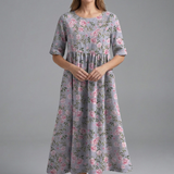 Damen Midi Kleid mit Rundhalsausschnitt und Blumenmuster