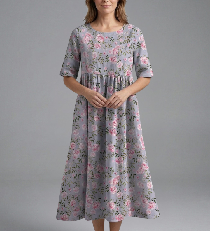 Damen Midi Kleid mit Rundhalsausschnitt und Blumenmuster