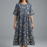 Damen Midi Kleid mit Rundhalsausschnitt und Blumenmuster