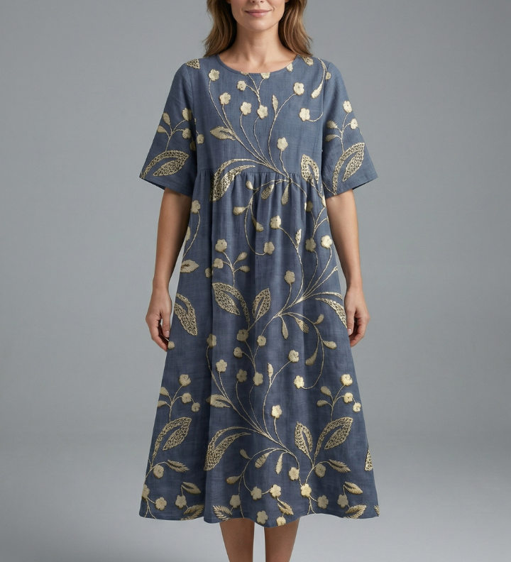 Damen Midi Kleid mit Rundhalsausschnitt und Blumenmuster