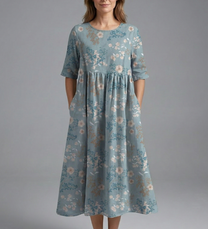 Damen Midi Kleid mit Rundhalsausschnitt und Blumenmuster