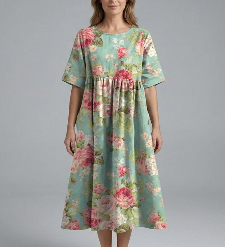 Damen Midi Kleid mit Rundhalsausschnitt und Blumenmuster