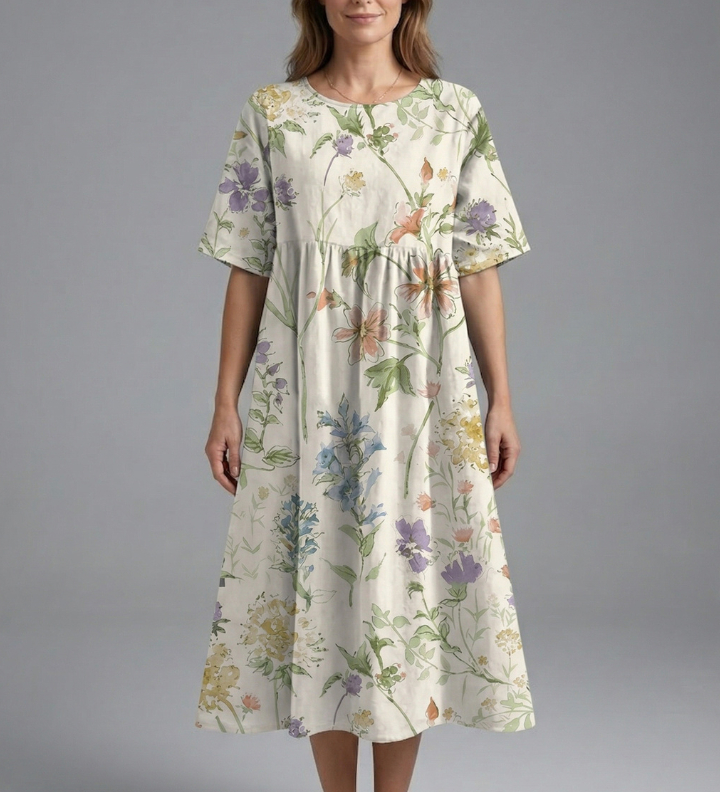 Damen Midi Kleid mit Rundhalsausschnitt und Blumenmuster