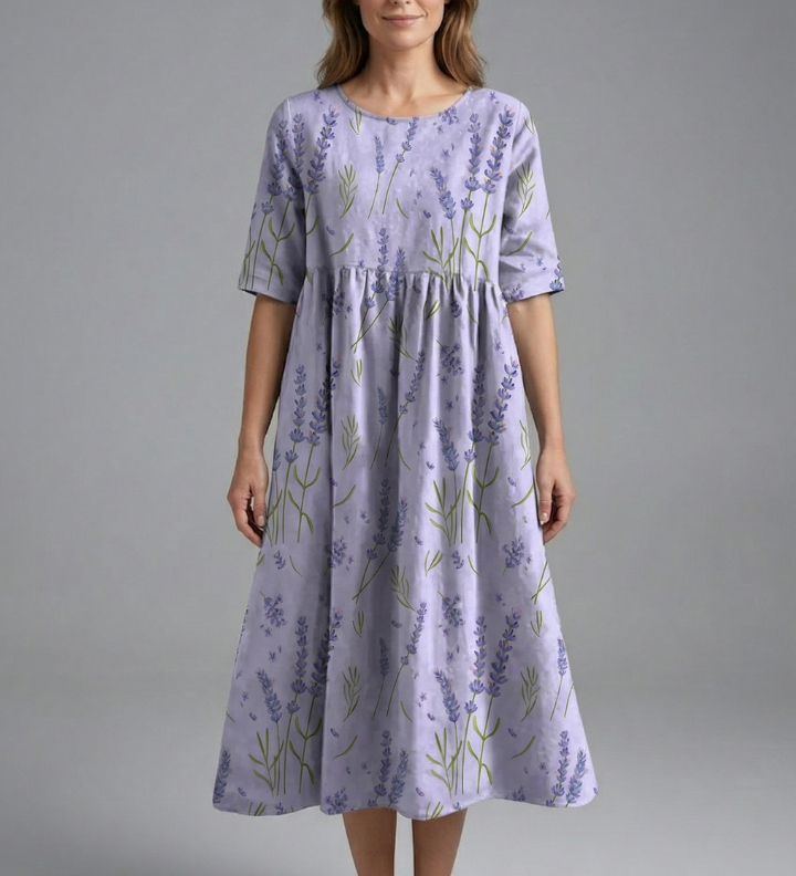 Damen Midi Kleid mit Rundhalsausschnitt und Blumenmuster