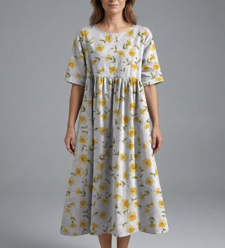 Damen Midi Kleid mit Rundhalsausschnitt und Blumenmuster