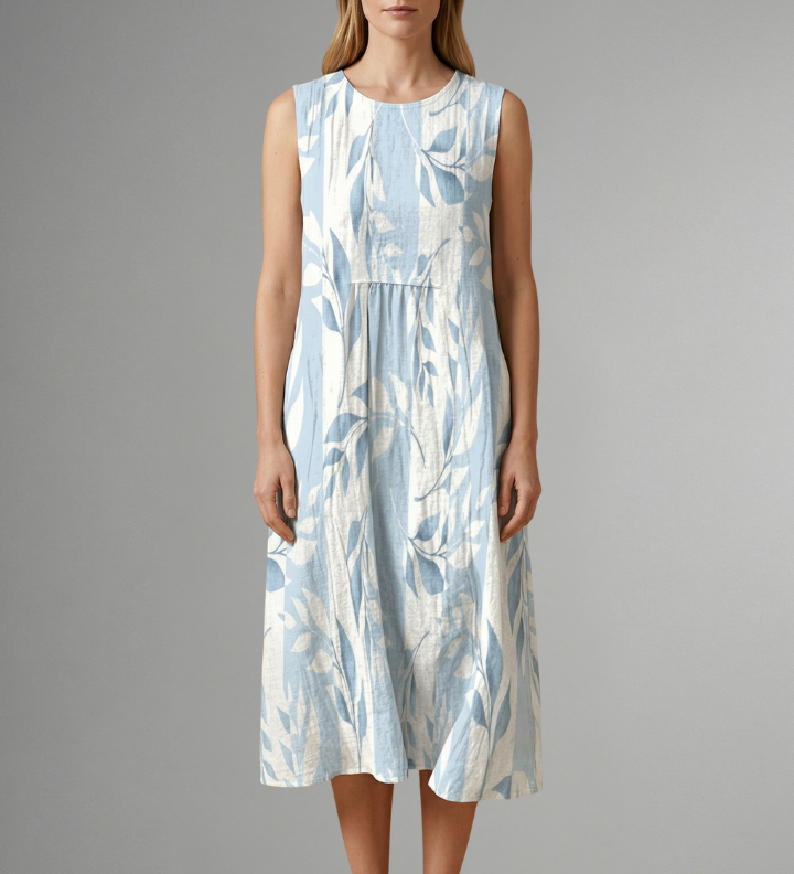 Damen Midi-Kleid mit Rundhalsausschnitt und Blattmuster