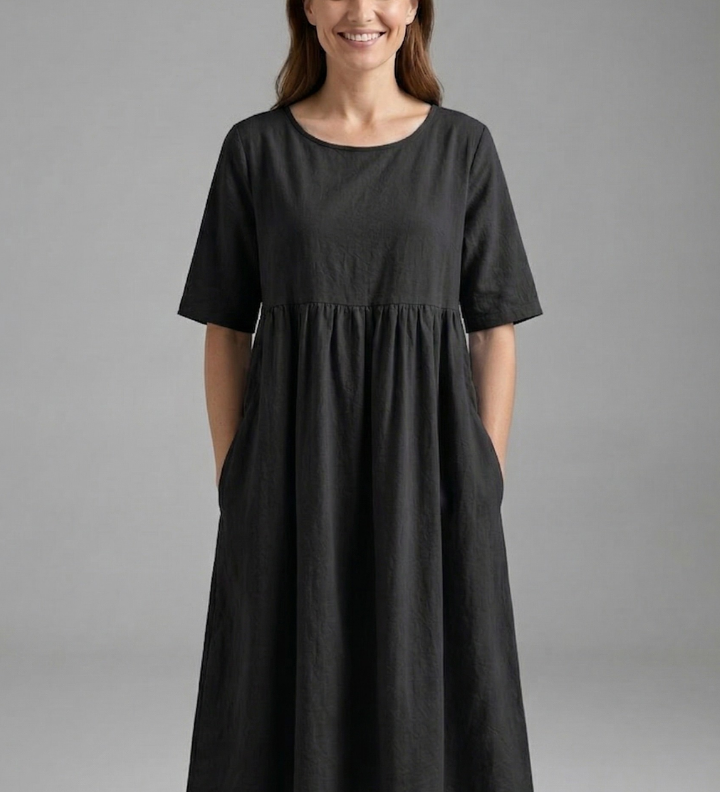 Damen Midi-Kleid mit Rundhalsausschnitt und kurzen Ärmeln