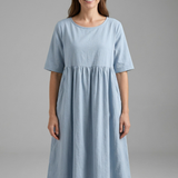 Damen Midi Kleid mit Rundhalsausschnitt und kurzen Ärmeln