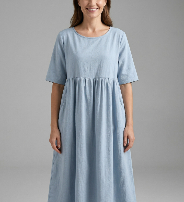 Damen Midi Kleid mit Rundhalsausschnitt und kurzen Ärmeln