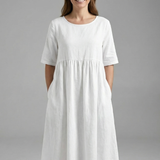 Damen Midi Kleid mit Rundhalsausschnitt und kurzen Ärmeln