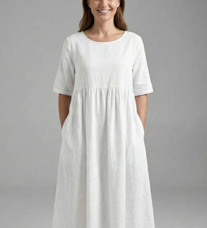 Damen Midi Kleid mit Rundhalsausschnitt und kurzen Ärmeln