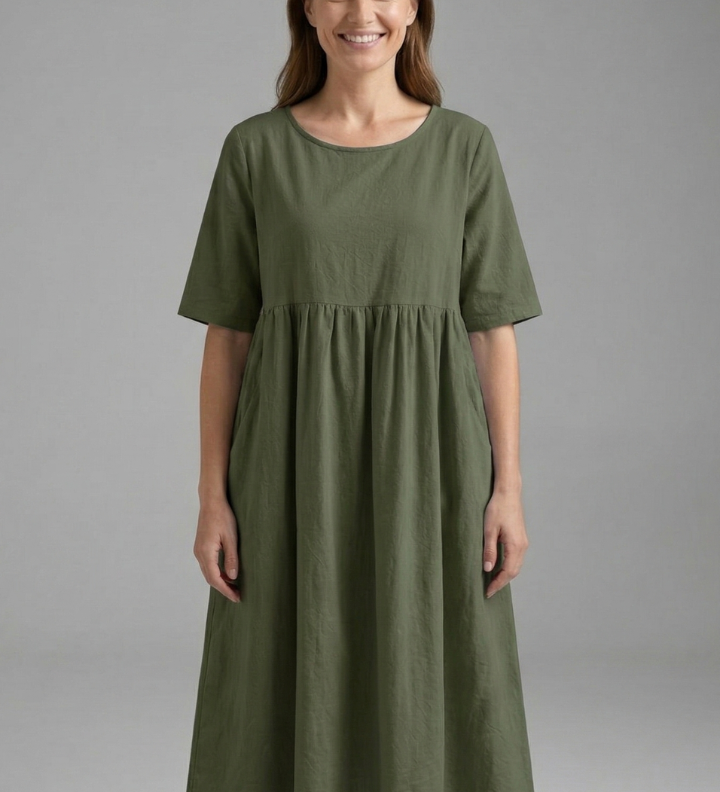 Damen Midi Kleid mit Rundhalsausschnitt und kurzen Ärmeln