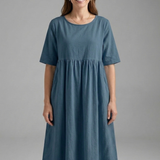 Damen Midi Kleid mit Rundhalsausschnitt und kurzen Ärmeln